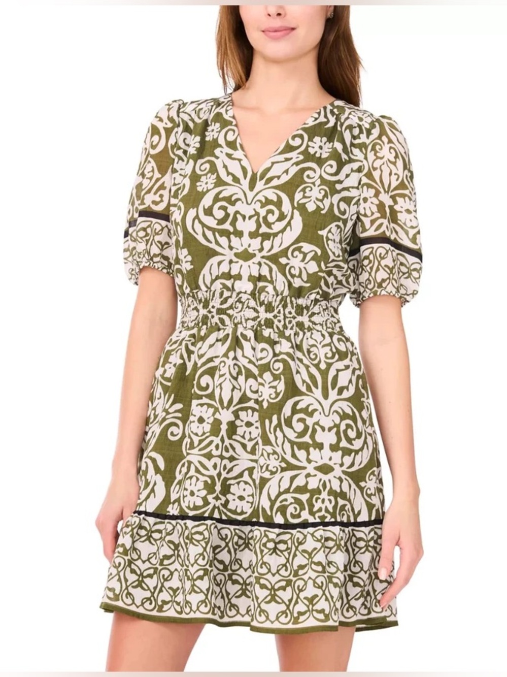 MSK Macy’s Petite Short Sleeve V-neck Fit & Flare Olive 🫒 Green Dress